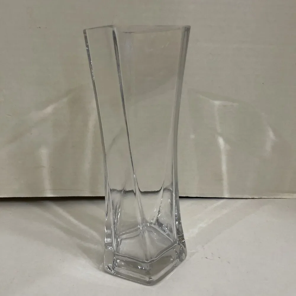 Vintage Glass Vase Twisted Hexagon Flare Top 9.25 In Heavy Glass Clear Elegant A